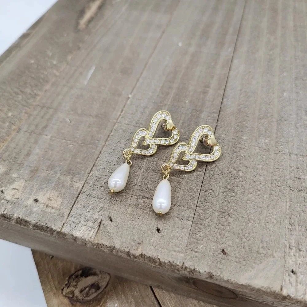 Vintage Pearlcore Heart Earrings w/ Bling • Coquette • Pierced